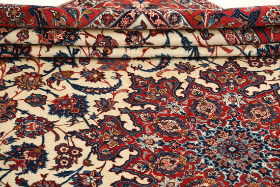 Masterpiece Hand Knotted Isfahan Isfahan Wool Rug of Size 7'4'' X 11'1'' in Ivory and Red Colors - Made in Iran
