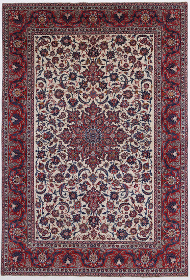 Masterpiece Hand Knotted Isfahan Isfahan Wool Rug of Size 7'4'' X 11'1'' in Ivory and Red Colors - Made in Iran