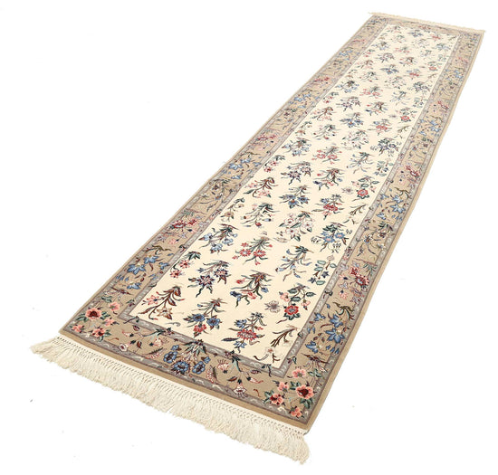 Masterpiece Hand Knotted Isfahan Isfahan Wool & Silk Rug of Size 2'9'' X 11'7'' in Ivory and Grey Colors - Made in Iran