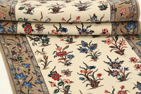 Masterpiece Hand Knotted Isfahan Isfahan Wool & Silk Rug of Size 2'9'' X 11'7'' in Ivory and Grey Colors - Made in Iran