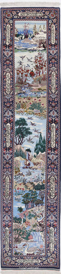 Masterpiece Hand Knotted Isfahan Isfahan Wool & Silk Rug of Size 2'5'' X 11'3'' in Blue and Multi Colors - Made in Iran