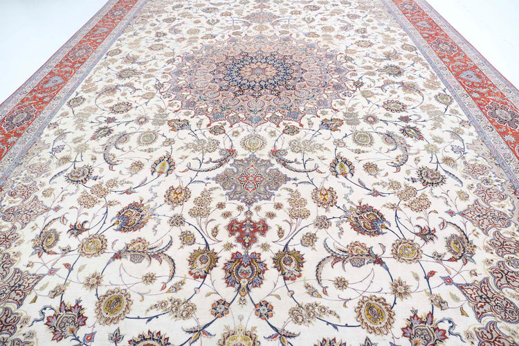 Masterpiece Hand Knotted Isfahan Isfahan Wool & Silk Rug of Size 12'11'' X 21'1'' in Ivory and Rust Colors - Made in Iran