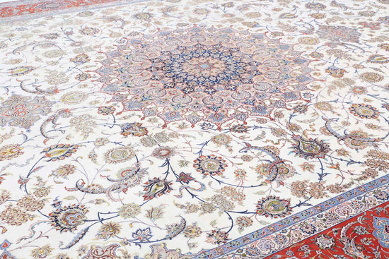 Masterpiece Hand Knotted Isfahan Isfahan Wool & Silk Rug of Size 12'11'' X 21'1'' in Ivory and Rust Colors - Made in Iran