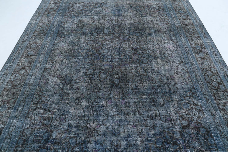 Persian Hand Knotted Vintage Overdyed Kashan Wool Rug of Size 7'11'' X 10'10'' in Blue and Blue Colors - Made in Iran