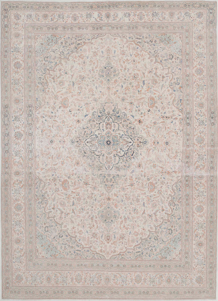 Persian Hand Knotted Kashan Kashan Wool Rug of Size 9'6'' X 13'2'' in Ivory and Ivory Colors - Made in Iran