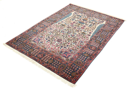 Masterpiece Hand Knotted Kerman Kerman Wool Rug of Size 4'5'' X 6'1'' in Ivory and Blue Colors - Made in Iran