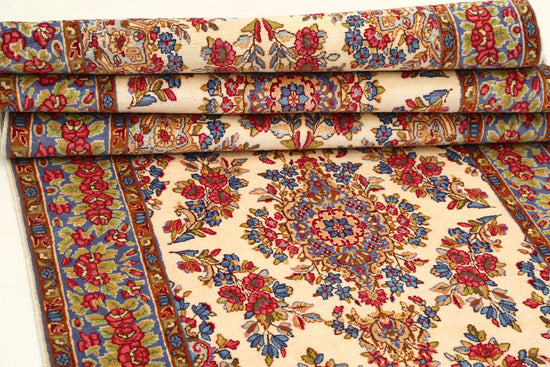 Masterpiece Hand Knotted Kerman Kerman Wool Rug of Size 3'5'' X 21'3'' in Ivory and Blue Colors - Made in Iran