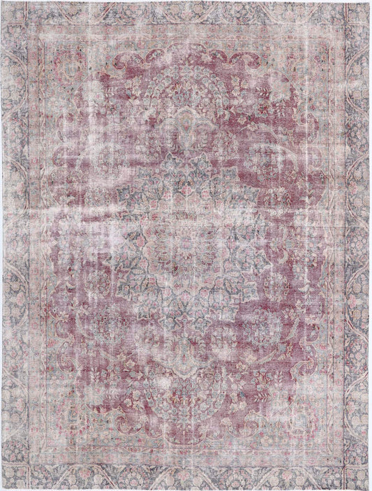 Persian Hand Knotted Vintage Kerman Wool Rug of Size 8'5'' X 11'2'' in Burgundy and Blue Colors - Made in Iran