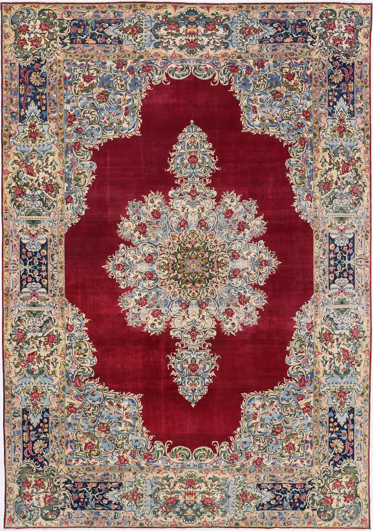 Persian Hand Knotted Kerman Kerman Wool Rug of Size 10'1'' X 14'3'' in Red and Blue Colors - Made in Iran