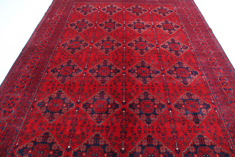 Tribal Hand Knotted Afghan Khamyab Wool Rug of Size 8'0'' X 11'3'' in Red and Black Colors - Made in Afghanistan