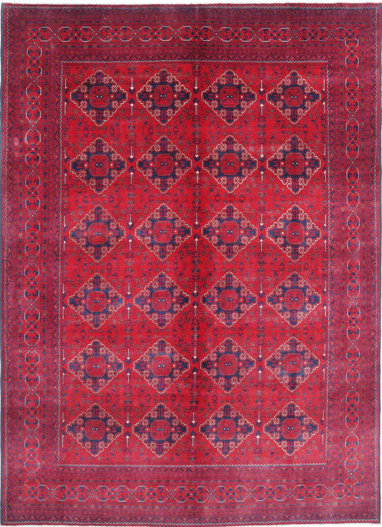 Tribal Hand Knotted Afghan Khamyab Wool Rug of Size 8'0'' X 11'3'' in Red and Black Colors - Made in Afghanistan