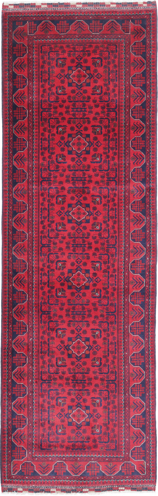 Tribal Hand Knotted Afghan Khamyab Wool Rug of Size 3'0'' X 9'10'' in Red and Red Colors - Made in Afghanistan