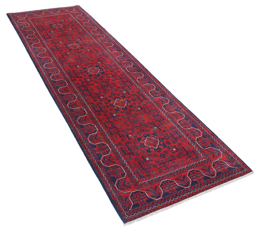 Tribal Hand Knotted Afghan Khamyab Wool Rug of Size 2'8'' X 9'4'' in Red and Red Colors - Made in Afghanistan