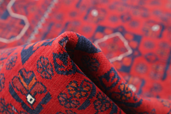Tribal Hand Knotted Afghan Khamyab Wool Rug of Size 2'8'' X 9'4'' in Red and Red Colors - Made in Afghanistan