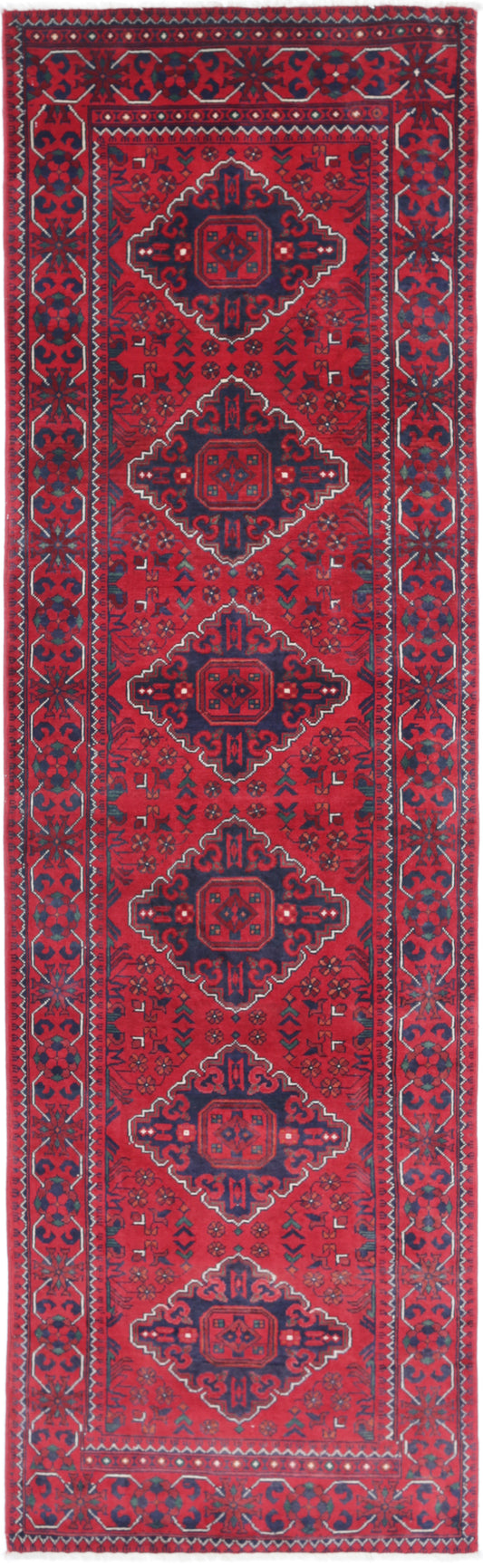 Tribal Hand Knotted Afghan Khamyab Wool Rug of Size 2'6'' X 9'0'' in Red and Red Colors - Made in Afghanistan