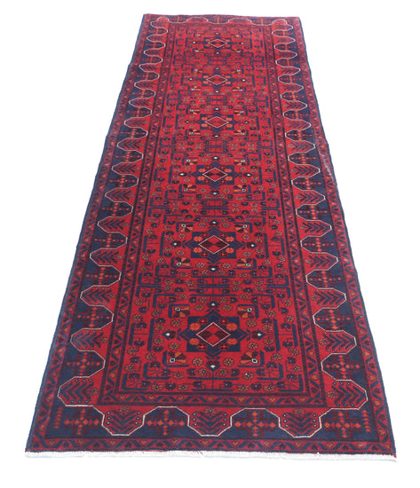 Tribal Hand Knotted Afghan Khamyab Wool Rug of Size 2'8'' X 9'6'' in Red and Red Colors - Made in Afghanistan