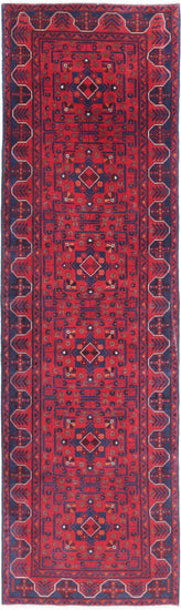 Tribal Hand Knotted Afghan Khamyab Wool Rug of Size 2'8'' X 9'6'' in Red and Red Colors - Made in Afghanistan
