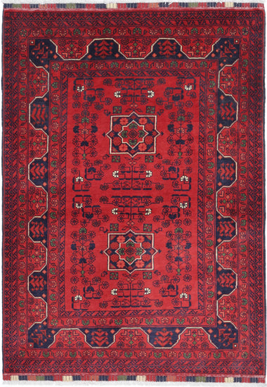 Tribal Hand Knotted Afghan Khamyab Wool Rug of Size 3'4'' X 4'9'' in Red and Red Colors - Made in Afghanistan