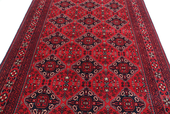Tribal Hand Knotted Afghan Khamyab Wool Rug of Size 6'6'' X 9'6'' in Red and Red Colors - Made in Afghanistan