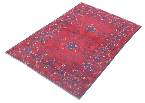 Tribal Hand Knotted Afghan Khamyab Wool Rug of Size 3'0'' X 4'7'' in Red and Blue Colors - Made in Afghanistan