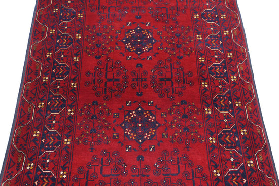 Tribal Hand Knotted Afghan Khamyab Wool Rug of Size 3'0'' X 4'7'' in Red and Blue Colors - Made in Afghanistan