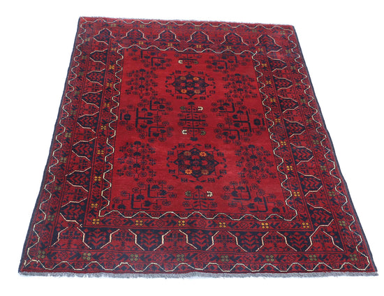Tribal Hand Knotted Afghan Khamyab Wool Rug of Size 3'5'' X 4'7'' in Red and Blue Colors - Made in Afghanistan