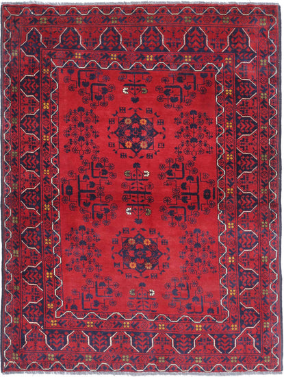 Tribal Hand Knotted Afghan Khamyab Wool Rug of Size 3'5'' X 4'7'' in Red and Blue Colors - Made in Afghanistan
