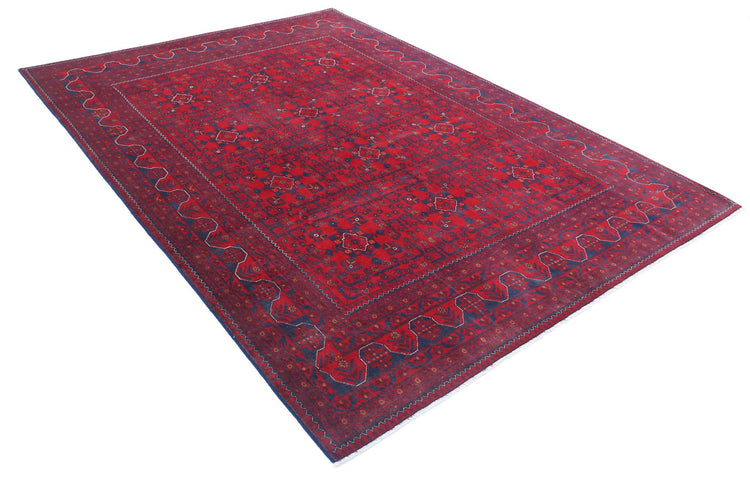 Tribal Hand Knotted Afghan Khamyab Wool Rug of Size 6'8'' X 9'4'' in Red and Blue Colors - Made in Afghanistan