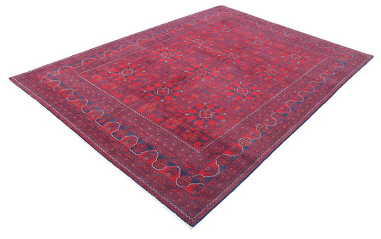 Tribal Hand Knotted Afghan Khamyab Wool Rug of Size 6'8'' X 9'4'' in Red and Blue Colors - Made in Afghanistan