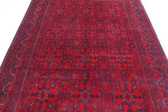 Tribal Hand Knotted Afghan Khamyab Wool Rug of Size 6'8'' X 9'4'' in Red and Blue Colors - Made in Afghanistan