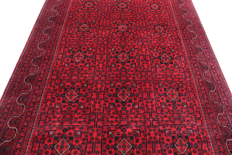 Tribal Hand Knotted Afghan Khamyab Wool Rug of Size 6'6'' X 9'5'' in Red and Blue Colors - Made in Afghanistan