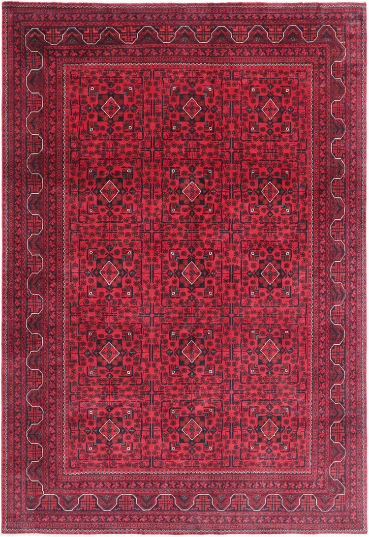 Tribal Hand Knotted Afghan Khamyab Wool Rug of Size 6'6'' X 9'5'' in Red and Blue Colors - Made in Afghanistan