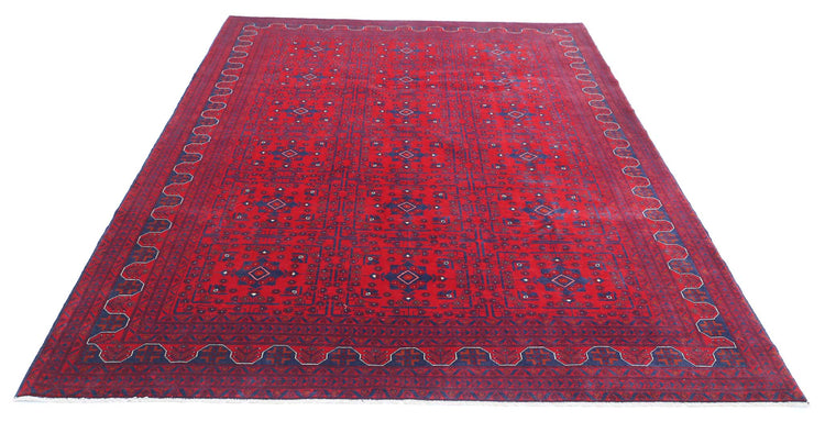 Tribal Hand Knotted Afghan Khamyab Wool Rug of Size 6'7'' X 9'8'' in Red and Blue Colors - Made in Afghanistan