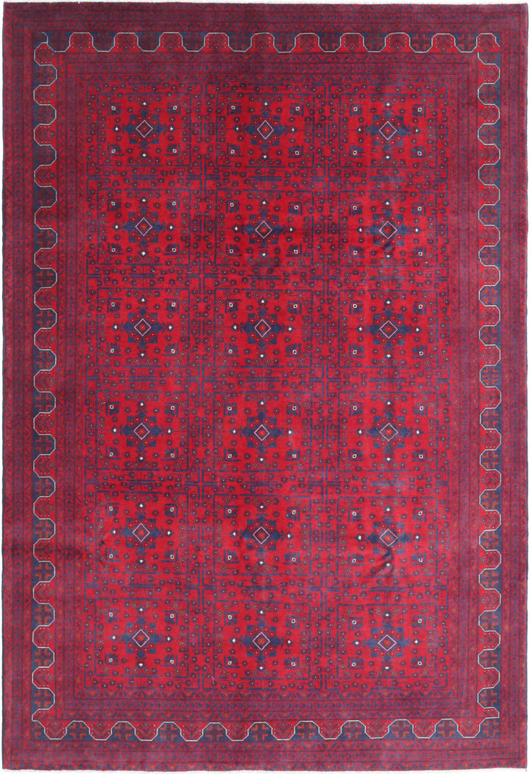 Tribal Hand Knotted Afghan Khamyab Wool Rug of Size 6'7'' X 9'8'' in Red and Blue Colors - Made in Afghanistan