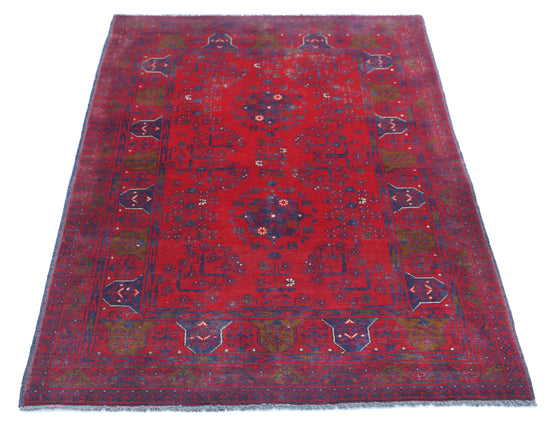 Tribal Hand Knotted Afghan Khamyab Wool Rug of Size 3'3'' X 4'11'' in Red and Blue Colors - Made in Afghanistan