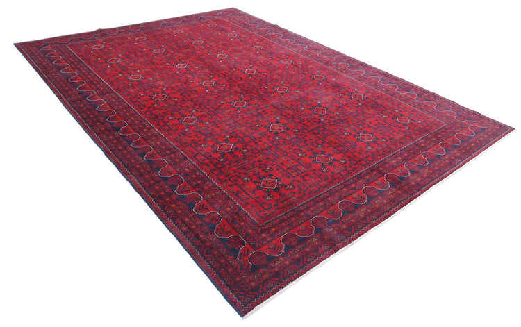 Tribal Hand Knotted Afghan Khamyab Wool Rug of Size 8'1'' X 11'2'' in Red and Blue Colors - Made in Afghanistan