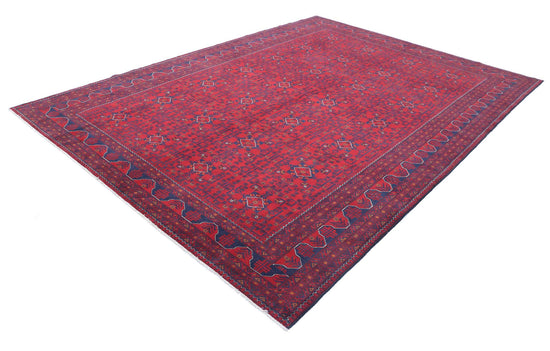 Tribal Hand Knotted Afghan Khamyab Wool Rug of Size 8'1'' X 11'2'' in Red and Blue Colors - Made in Afghanistan