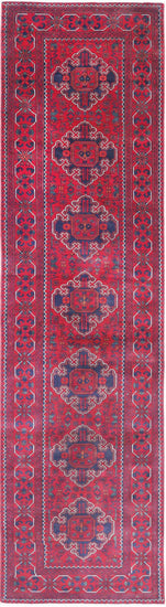 Tribal Hand Knotted Afghan Khamyab Wool Rug of Size 2'6'' X 10'0'' in Red and Blue Colors - Made in Afghanistan