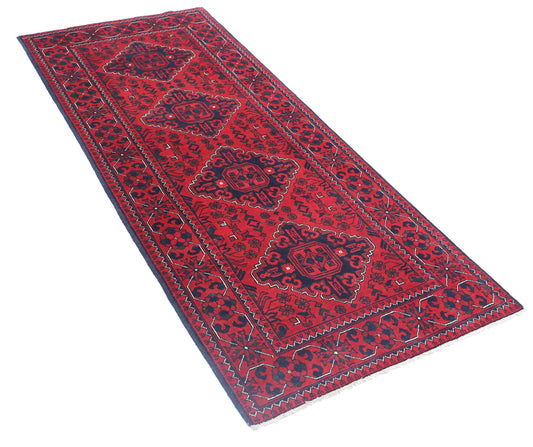 Tribal Hand Knotted Afghan Khamyab Wool Rug of Size 2'8'' X 6'8'' in Red and Blue Colors - Made in Afghanistan