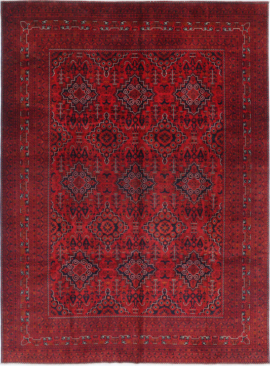 Tribal Hand Knotted Afghan Khamyab Wool Rug of Size 8'1'' X 10'9'' in Red and Red Colors - Made in Afghanistan