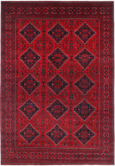Tribal Hand Knotted Afghan Khamyab Wool Rug of Size 6'6'' X 9'8'' in Red and Red Colors - Made in Afghanistan