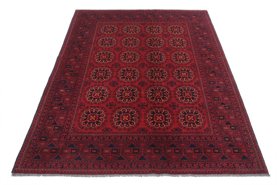 Tribal Hand Knotted Afghan Khamyab Wool Rug of Size 4'10'' X 6'5'' in Red and Red Colors - Made in Afghanistan