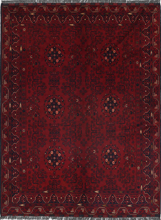 Tribal Hand Knotted Afghan Khamyab Wool Rug of Size 4'9'' X 6'5'' in Red and Red Colors - Made in Afghanistan