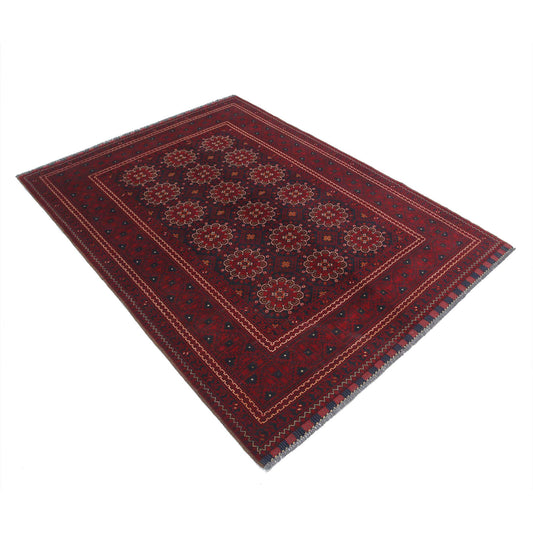 Tribal Hand Knotted Afghan Khamyab Wool Rug of Size 4'10'' X 6'7'' in Red and Blue Colors - Made in Afghanistan