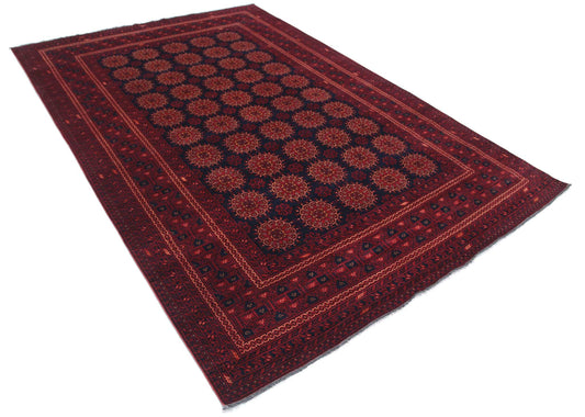 Tribal Hand Knotted Afghan Khamyab Wool Rug of Size 6'5'' X 9'6'' in Red and Blue Colors - Made in Afghanistan