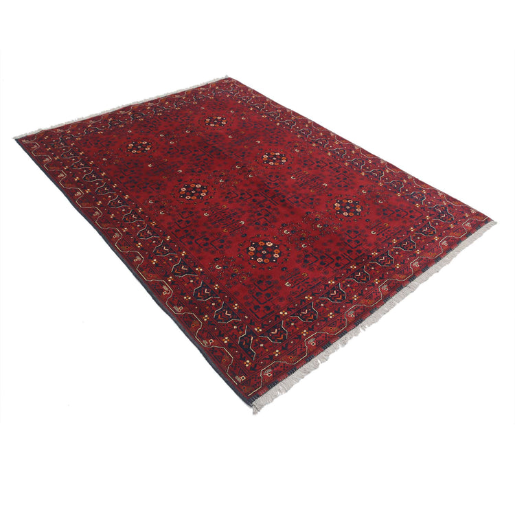 Tribal Hand Knotted Afghan Khamyab Wool Rug of Size 4'10'' X 6'6'' in Red and Red Colors - Made in Afghanistan