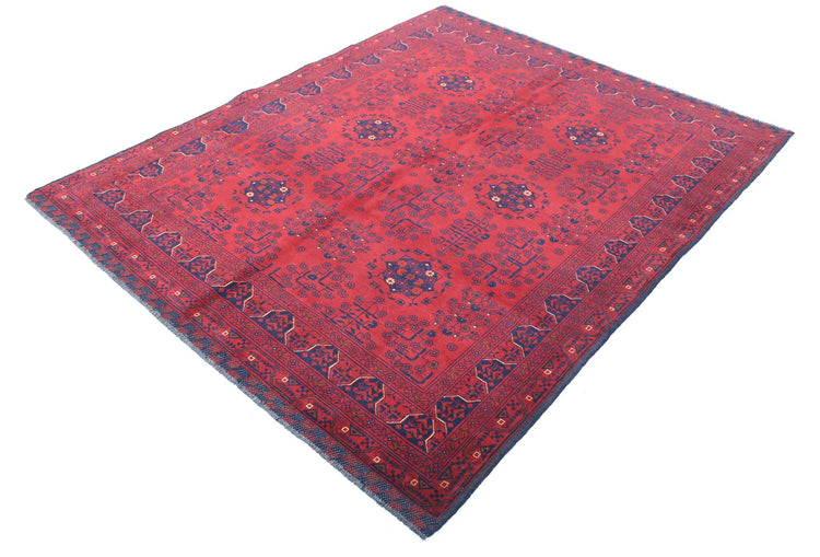 Tribal Hand Knotted Afghan Khamyab Wool Rug of Size 5'4'' X 6'5'' in Red and Red Colors - Made in Afghanistan