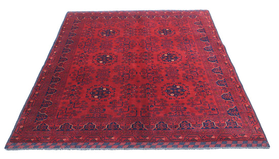 Tribal Hand Knotted Afghan Khamyab Wool Rug of Size 5'4'' X 6'5'' in Red and Red Colors - Made in Afghanistan