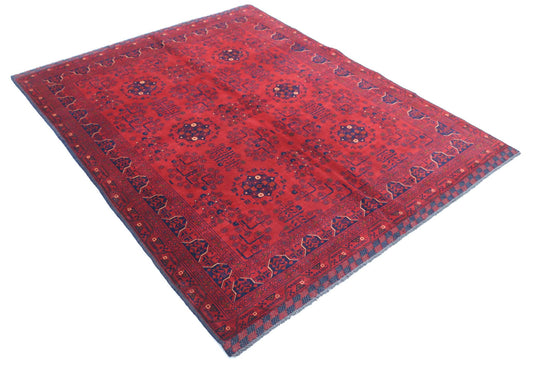 Tribal Hand Knotted Afghan Khamyab Wool Rug of Size 5'4'' X 6'5'' in Red and Red Colors - Made in Afghanistan
