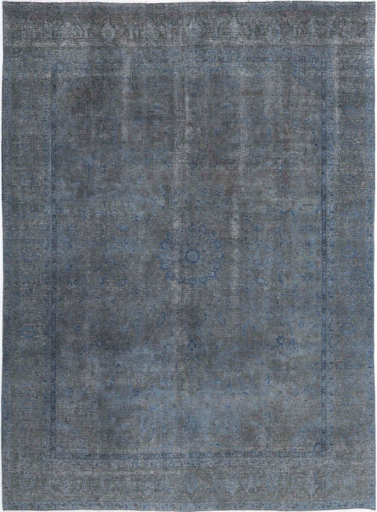 Persian Hand Knotted Vintage Overdyed Mashad Wool Rug of Size 7'8'' X 10'11'' in Blue and Charcoal Colors - Made in Iran